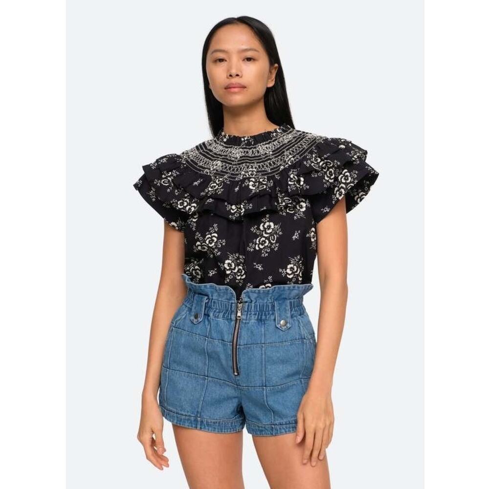 Sea NY Alessia Smocked Tank Ruffled Neck and Flutter Sleeves Black Size Medium
